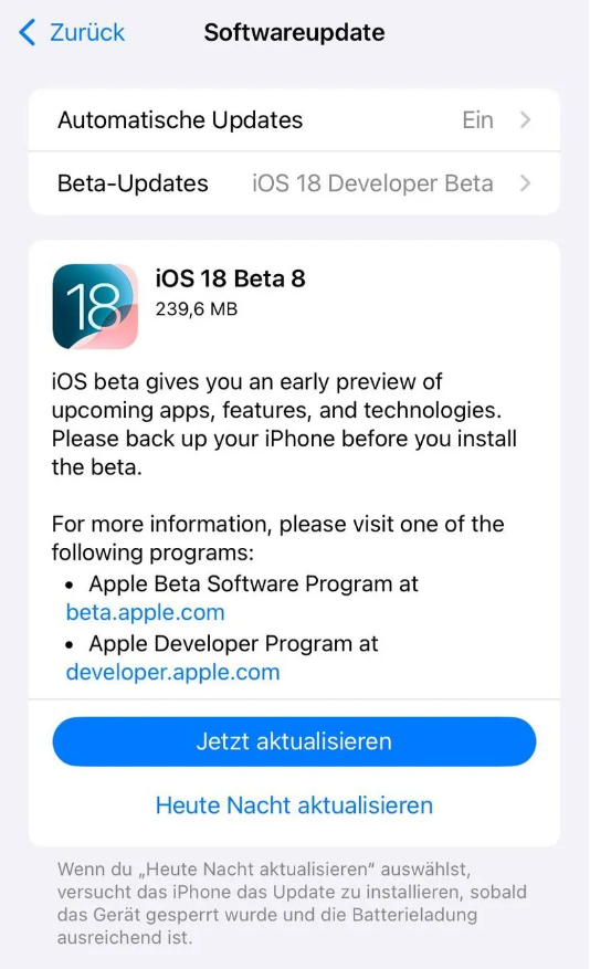 商州苹果手机维修分享苹果 iOS / iPadOS 18 开发者预览版 Beta 8 发布 